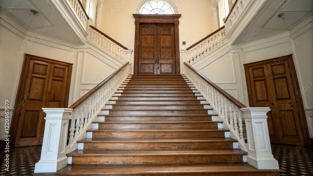 Fototapeta premium Classic wooden staircase with brown treads and white risers leading up to a large wooden door at the top of the stairs, elegant-architecture, classic-design