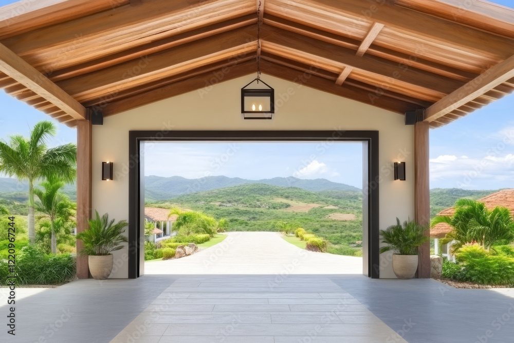 Obraz premium View of a serene landscape from a modern open entrance surrounded by nature