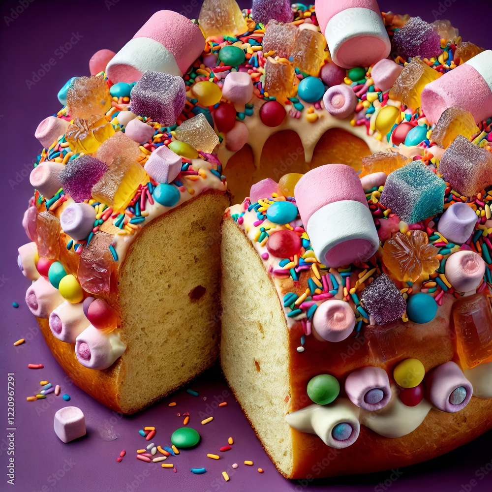 Close-up view of a Roscón de Reyes, a traditional Spanish sweet bread
Close-up view of a Roscón de Reyes, a traditional Spanish sweet bread