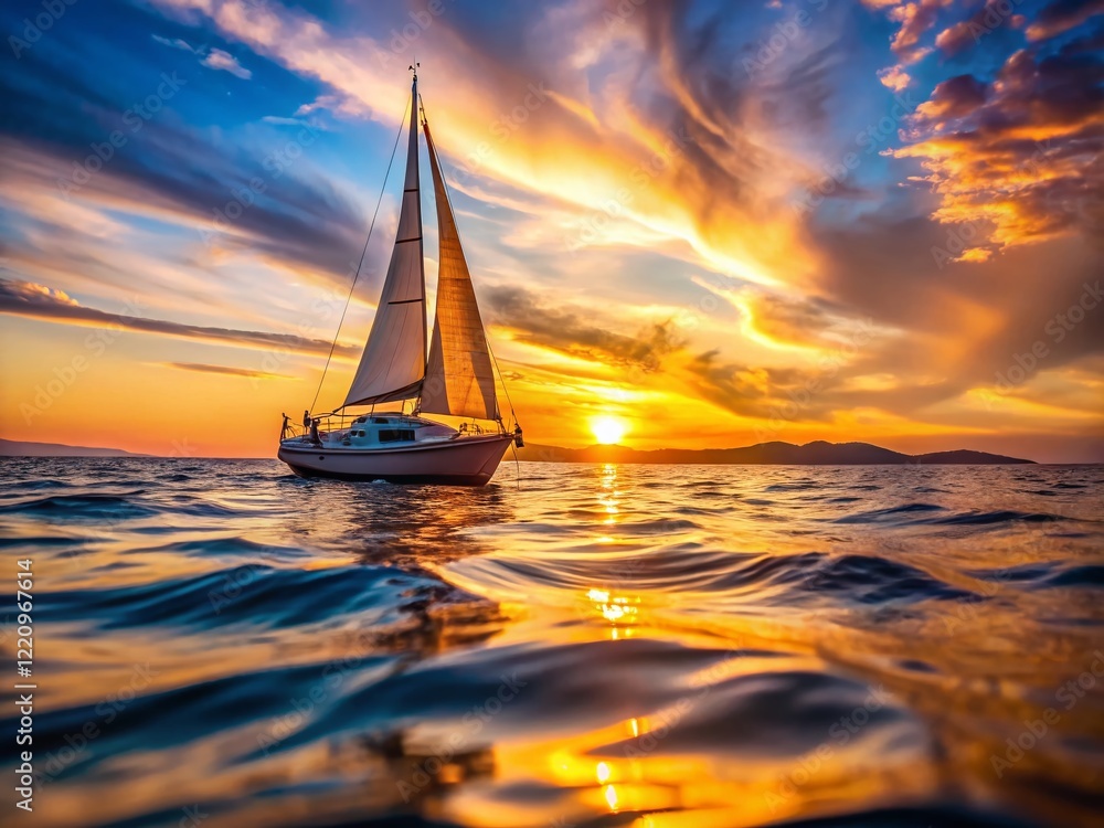 Naklejka premium Sailboat at Dusk: Golden Hour Sailing Photography