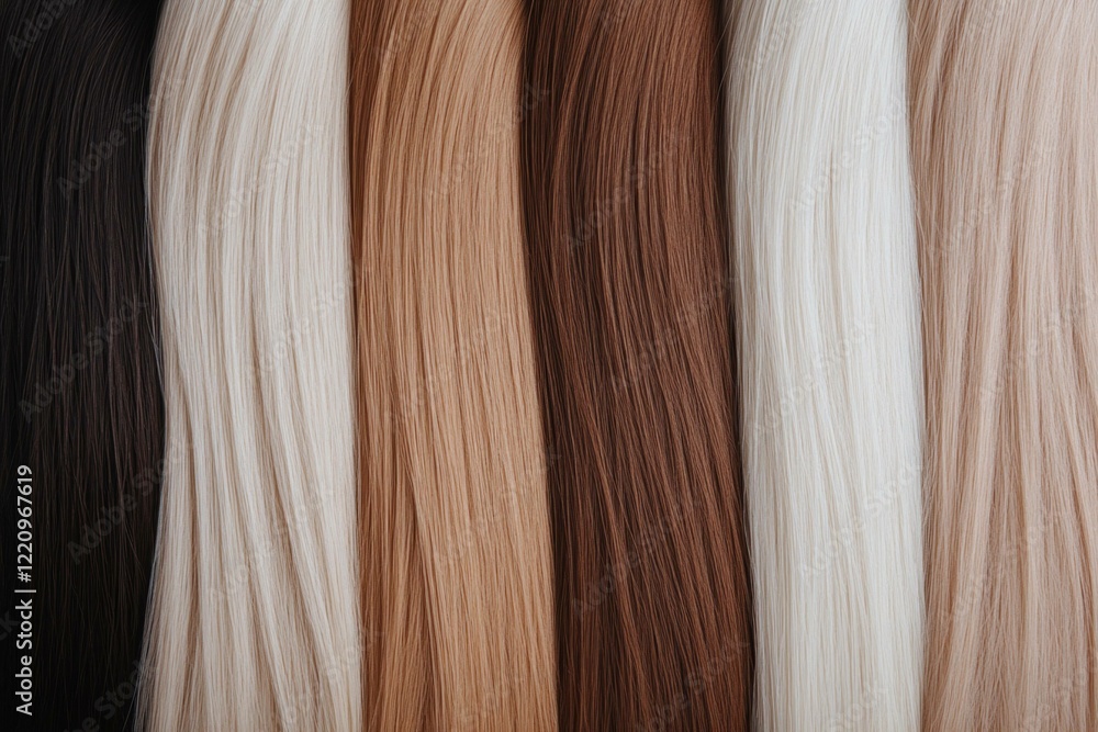 Naklejka premium A diverse collection of hair extensions in various shades, showcasing natural colors and textures for style enthusiasts seeking versatility and variety