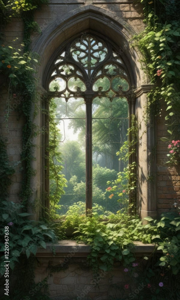Overgrown church window with lush green vines and flowering plants , growth, window, outdoor Overgrown church window with lush green vines and flowering plants , growth, window, outdoor
