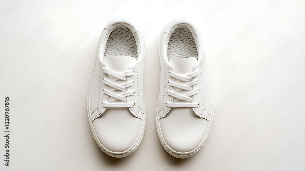 White sneakers on white backdrop, flatlay style for online use White sneakers on white backdrop, flatlay style for online use
