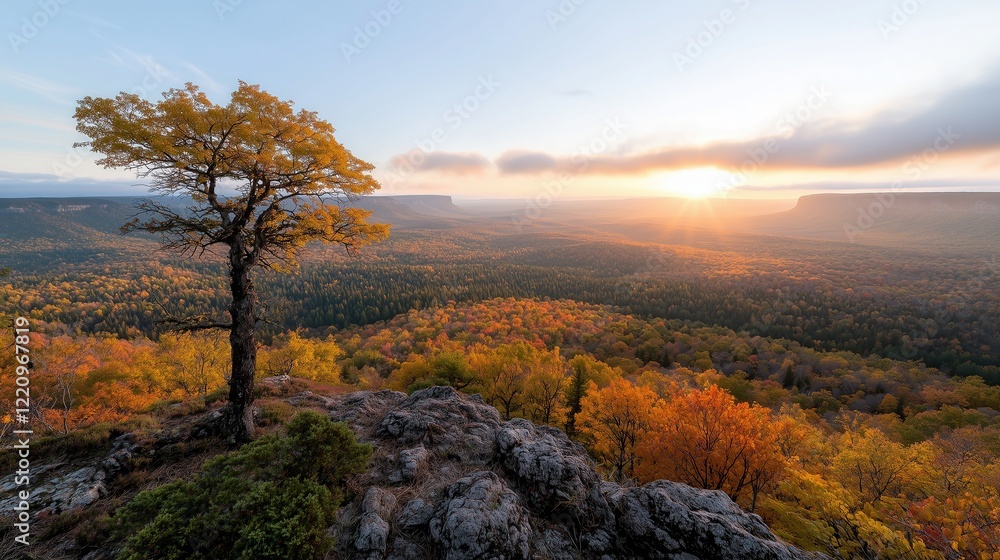 Golden Autumn Sunrise Over Scenic Mountain Valley with Misty Fog Golden Autumn Sunrise Over Scenic Mountain Valley with Misty Fog