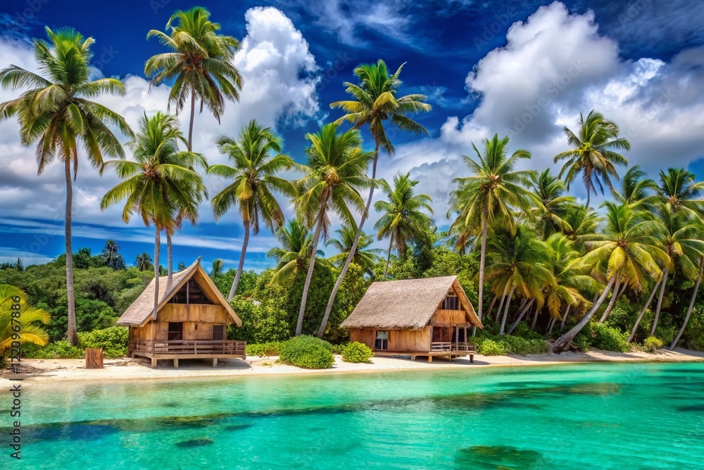 Naklejka premium Samoa Upolu Beach Houses: Tropical Paradise Coconut Palm Trees