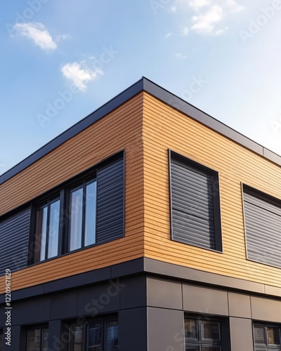 Wallpaper Mural Modern residential building with wooden and dark paneling in bright daylight Torontodigital.ca