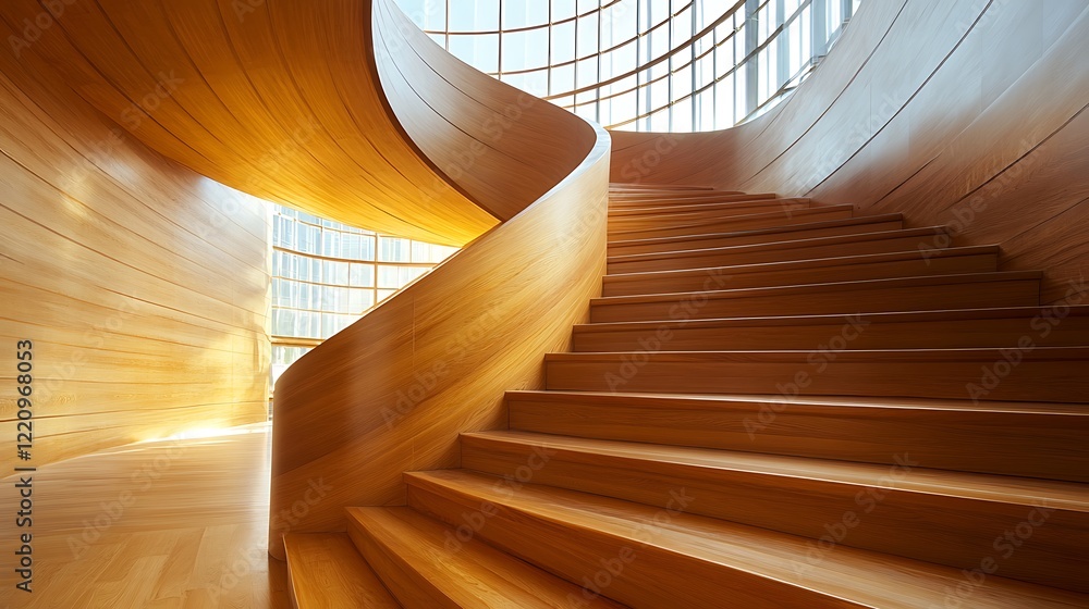 Obraz premium Curved Wooden Staircase in Modern Architecture