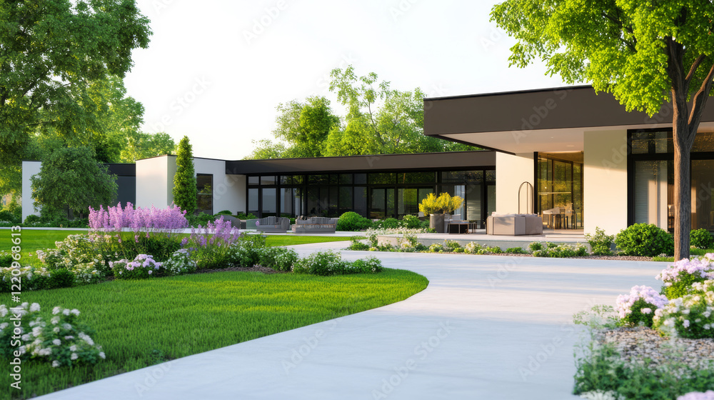 Fototapeta premium Modern home with landscaped garden and wide walkway in soft afternoon light