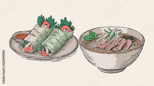 hand-drawn illustration Vietnamese fresh spring rolls and a bowl of beef noodles