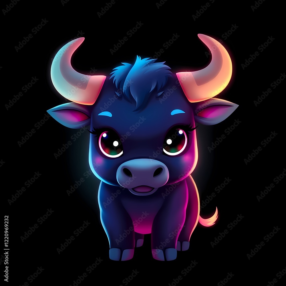 Cute cartoon representation of the sign of the Chinese zodiac bull in bright colors on a black background. Generative AI