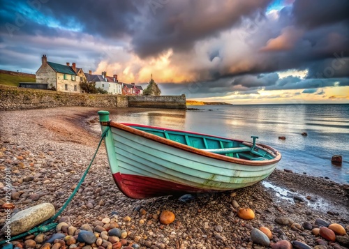 Scottish Rowing Boat on Pebbles, Portgordon Harbour, Moray, February 2022 photo