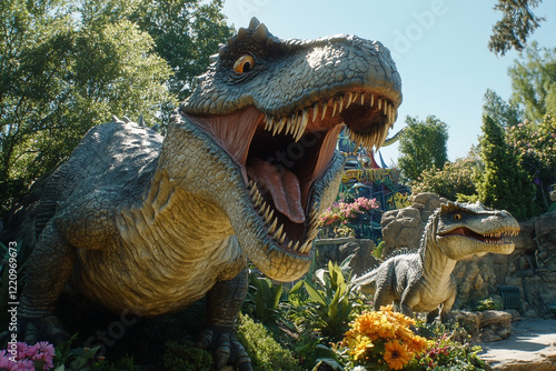 Giant Dinosaur Roaring at Camera in Amusement Park with Small Companion and Lush Greenery