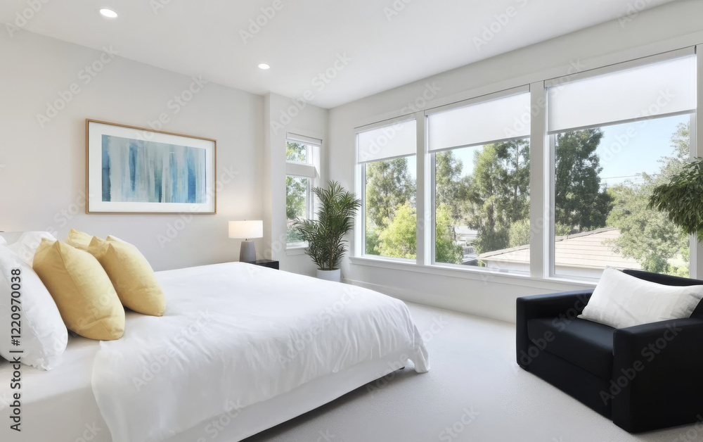 Fototapeta premium Bright and modern bedroom with large windows and minimalist decor