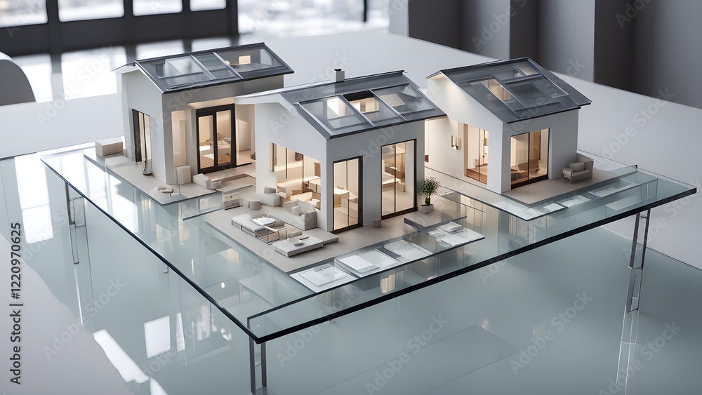Architectural model of a modern, minimalist house with skylights, showcased on a glass table. Architectural model of a modern, minimalist house with skylights, showcased on a glass table.