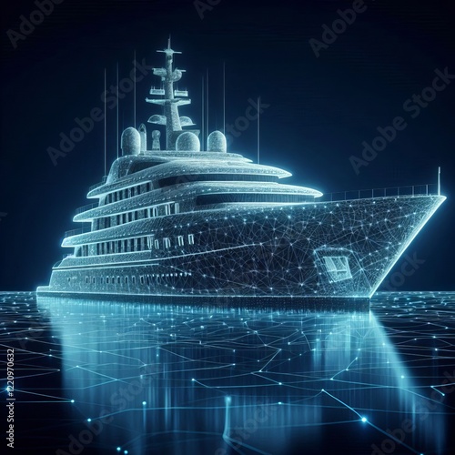 A digital rendering of a large luxury yacht is depicted against a dark blue background.
