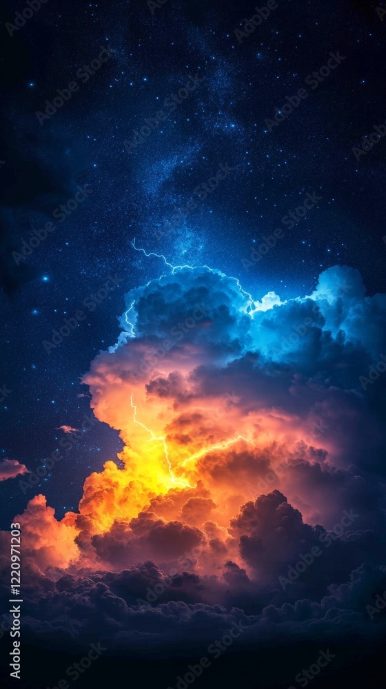 Fototapeta premium Bright neon-colored clouds with glowing lightning and stars. Perfect for dreamlike, magical, and artistic visuals.
