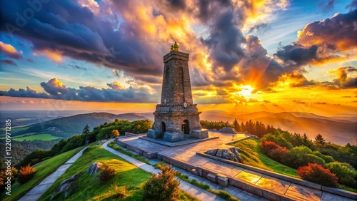 Majestic Shipka Pass Monument, Bulgaria: Panoramic View with Bokeh Effect photo