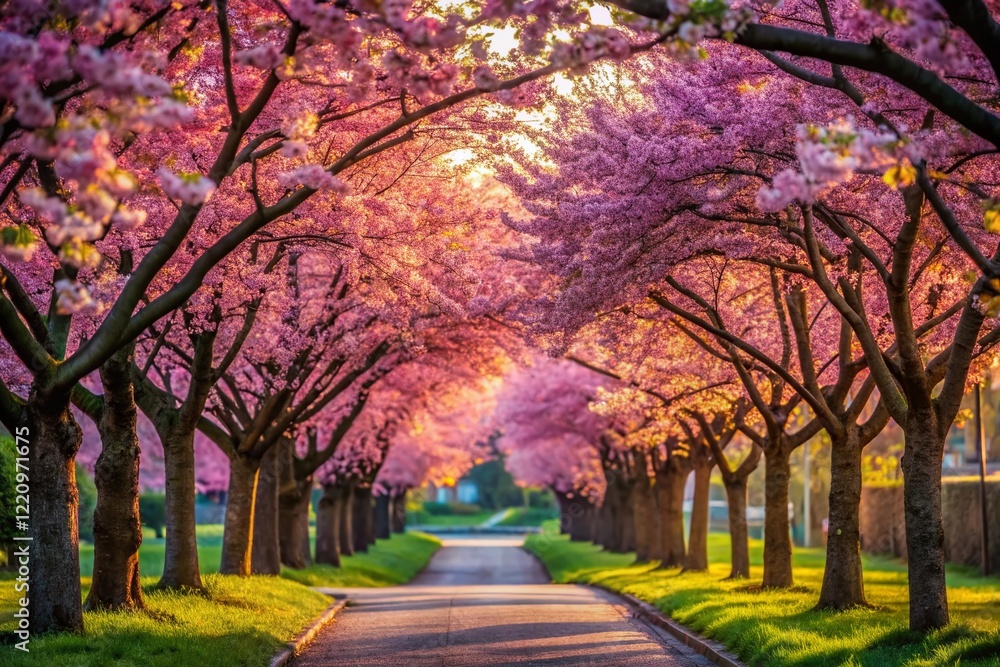 Naklejka premium Serene Cherry Blossom Landscape: Vibrant Pink Blossoms Against Lush Greenery