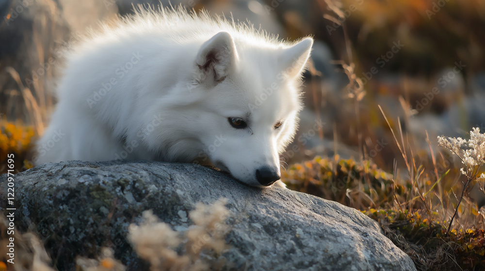 Obraz premium samoyed sniffing rock
