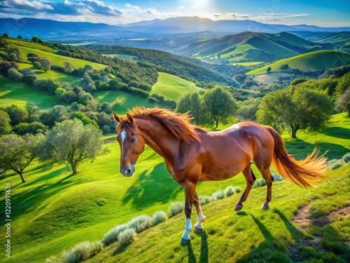 Majestic Spanish Thoroughbred Horse in Andalusian Landscape - Aerial View