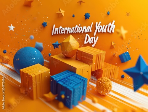 Colorful 3D design celebrating International Youth Day with vibrant shapes photo