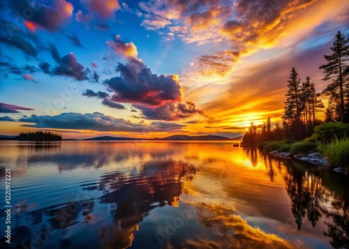 Majestic Taymyr Lake Silhouette: Breathtaking Sunset Panorama