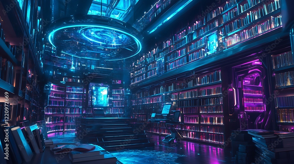 Futuristic library interior with neon lighting, bookshelves, and advanced technology. Futuristic library interior with neon lighting, bookshelves, and advanced technology.