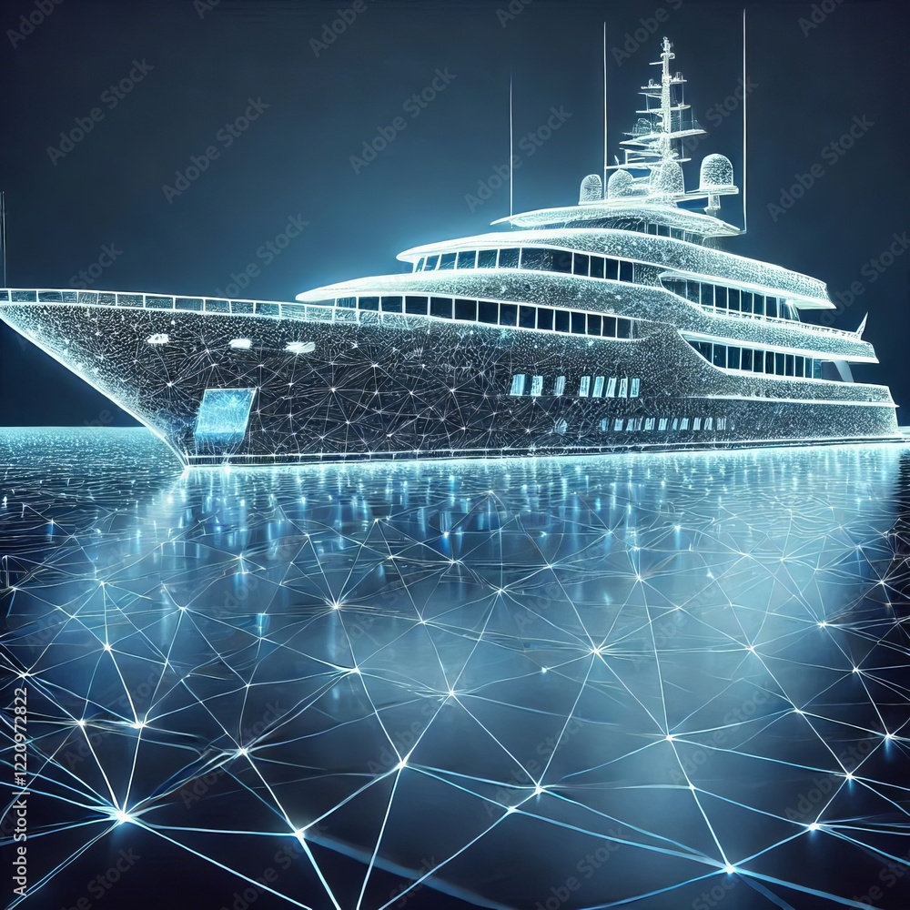 Fototapeta premium A digital rendering of a large luxury yacht is depicted against a dark blue background. 