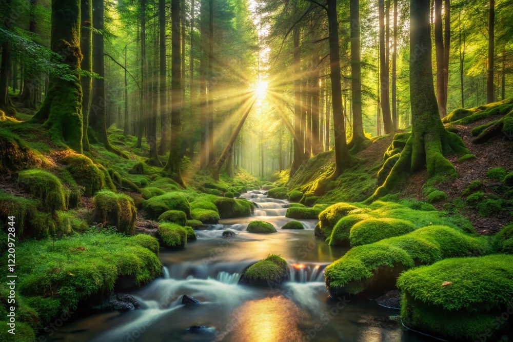 Fototapeta premium Serene Forest Stream: Minimalist Nature Photography - Tranquil Green Canopy Sunlight