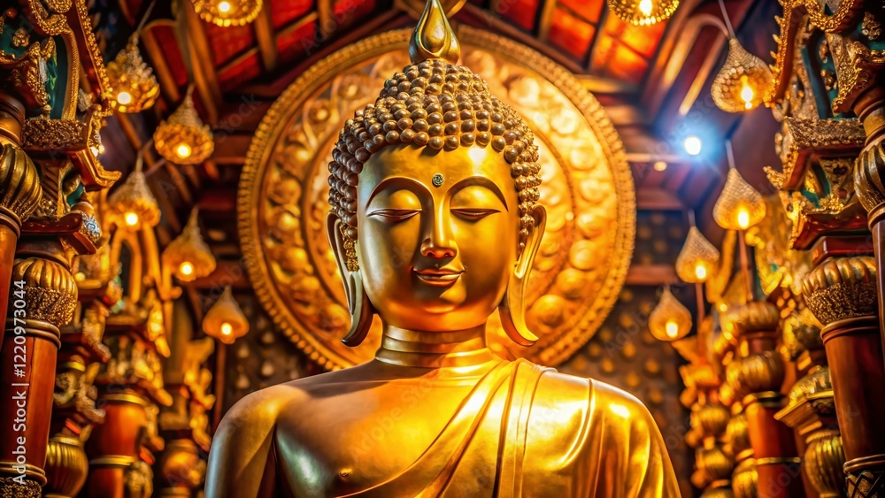 Serene Golden Buddha Statue in Ancient Temple - Peaceful Asian Spirituality Serene Golden Buddha Statue in Ancient Temple - Peaceful Asian Spirituality