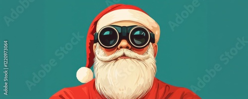 A whimsical Santa Claus wearing binoculars, exuding a playful holiday spirit against a teal background.