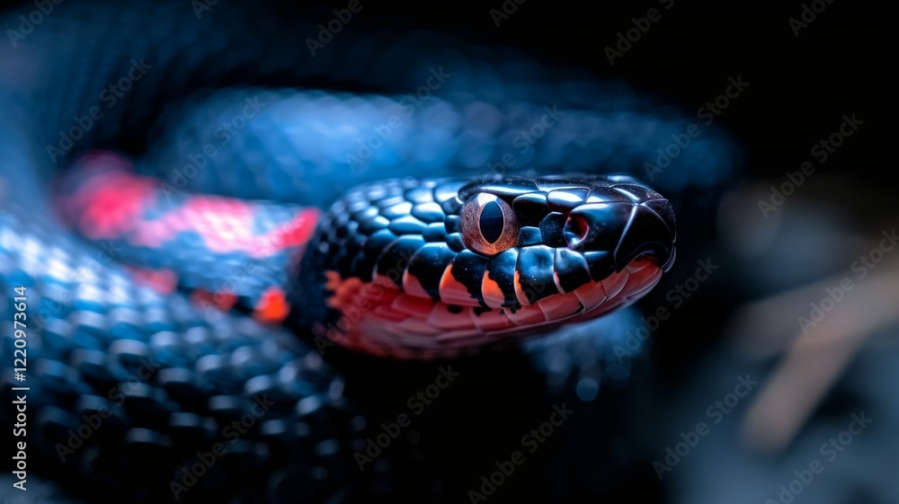 Fototapeta premium Black Mamba on Rocky Terrain: A sleek black mamba slithering across a rocky outcrop, its metallic sheen reflecting the afternoon sun. Reptile. Wildlife. Snakes.