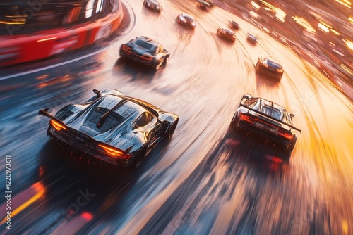 High-speed racing on a wet track at sunset: intense competition and dynamic action in motorsport photography