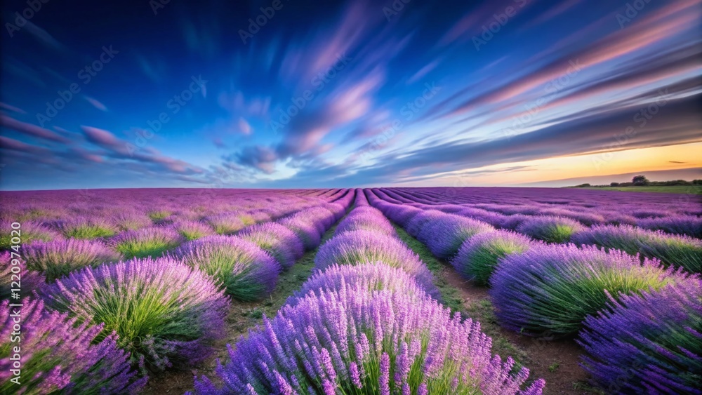 Fototapeta premium Serene Lavender Field Under a Vivid Blue Sky - Long Exposure Photography