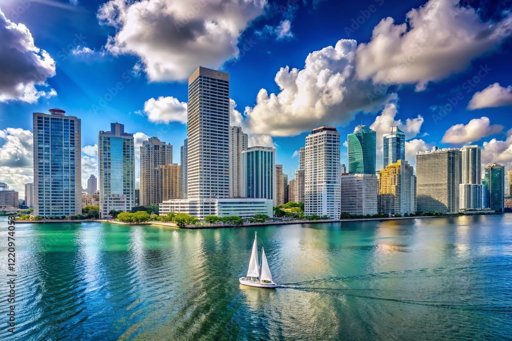 Fototapeta premium Miami Skyline Aerial View: Minimalist Skyscrapers, Blue Sky, Sailing Boat