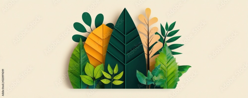 Obraz premium A vibrant collection of stylized leaves in various shades of green, yellow, and brown, creating a fresh and natural aesthetic.