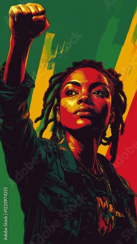 Vertical portrait of African American woman with dreadlocks and a raised fist. Black History Month