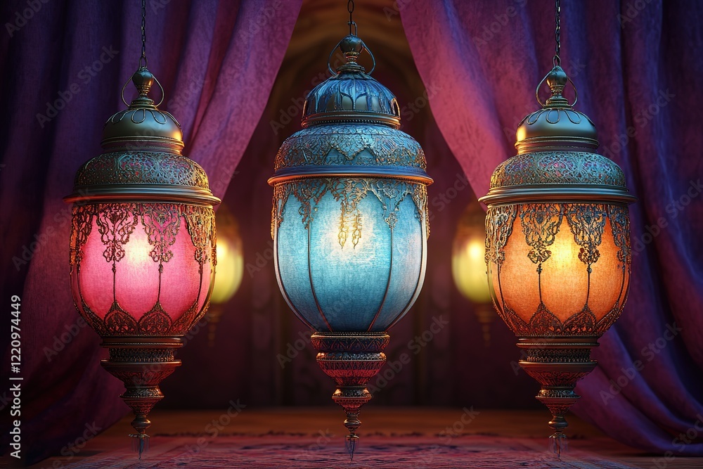 Obraz premium Intricate Moroccan Lanterns Illuminate a Mystical Setting