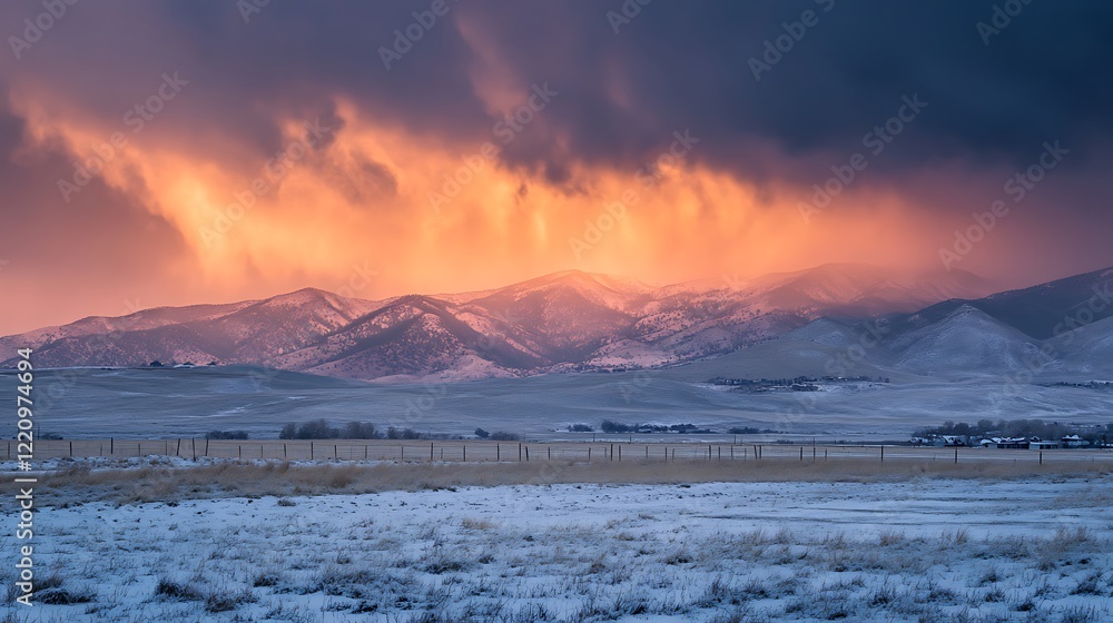 Obraz premium Fiery Sunset Over Snow Covered Mountain Range