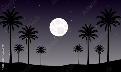 Summer landscape at night. Moon view and Palm Tree silhouette