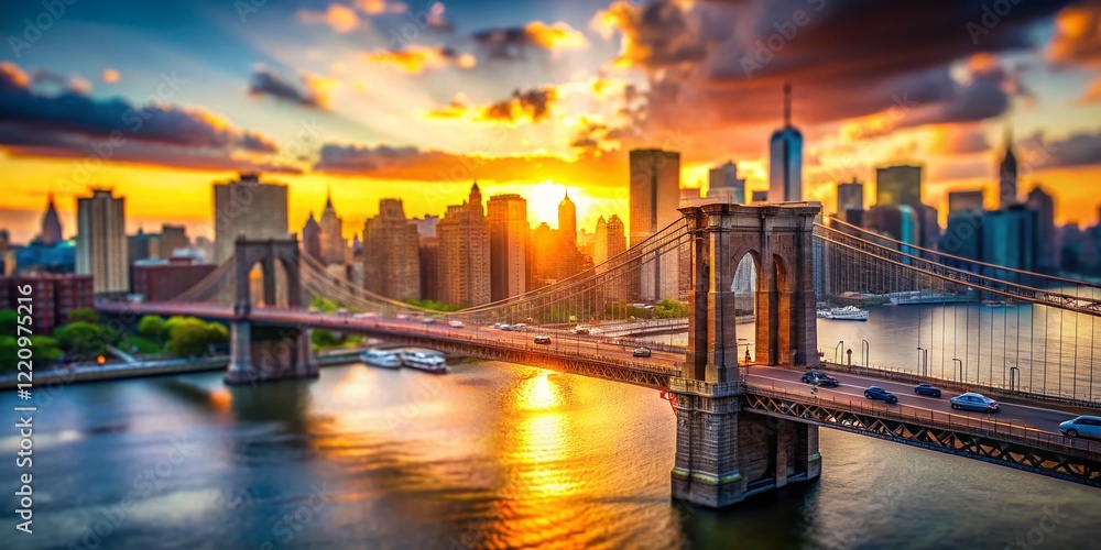 Fototapeta premium Miniature Brooklyn Bridge Sunset - Tilt-Shift Cityscape