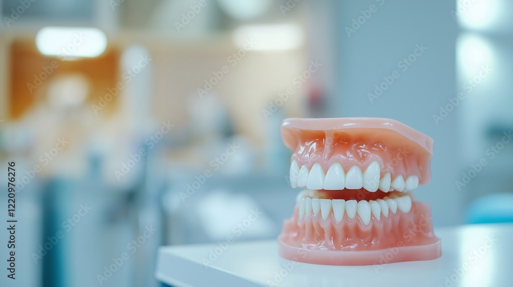 A detailed dental model of teeth displayed on a table in a bright dental clinic. The focus is on education, dental health, and professional care for oral hygiene. Background with copy space A detailed dental model of teeth displayed on a table in a bright dental clinic. The focus is on education, dental health, and professional care for oral hygiene. Background with copy space