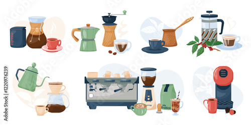 Collection of coffee making tools and espresso cup, coffee machine, cezve, grinder, french press Flat vector design brewing equipment for menus cafes or coffee shop Elegant set of coffee variety items