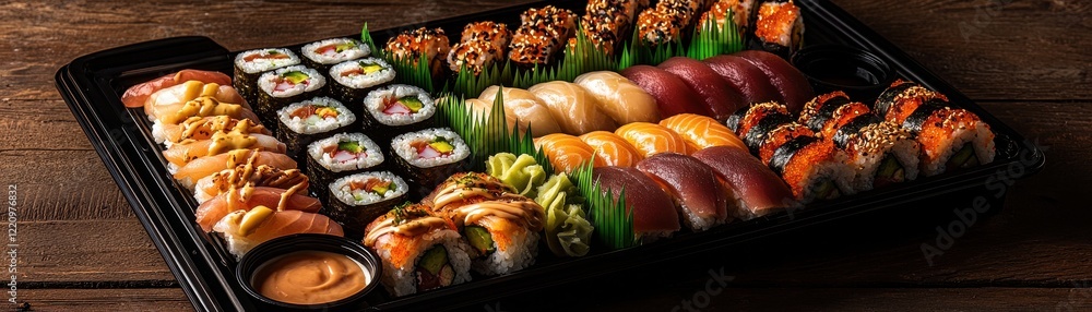 A beautifully arranged sushi platter featuring a variety of rolls, sashimi, and garnishes, perfect for sharing or enjoying a delicious meal. A beautifully arranged sushi platter featuring a variety of rolls, sashimi, and garnishes, perfect for sharing or enjoying a delicious meal.