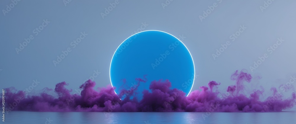 A glowing blue circle is surrounded by a cloud of purple smoke. A glowing blue circle is surrounded by a cloud of purple smoke.
