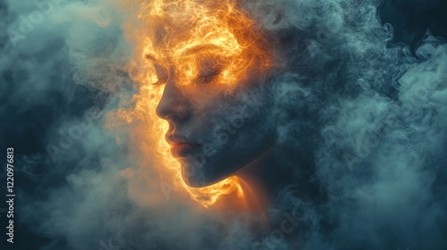 Fiery face emerging from swirling smoke