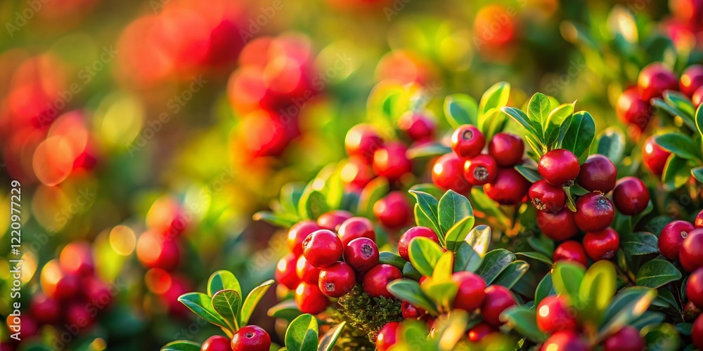Fototapeta premium Miniature Red and Green Berries on Bush, Tilt-Shift Photography