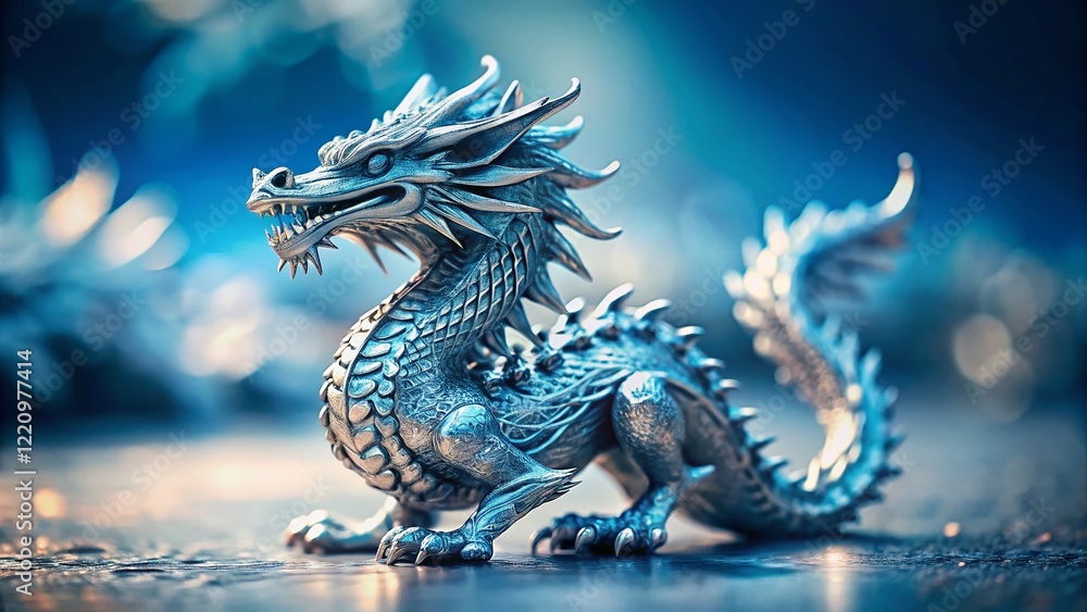 Fototapeta premium Miniature Silver Dragon Statue on White Surface, Blue & White Background - Tilt-Shift Photography