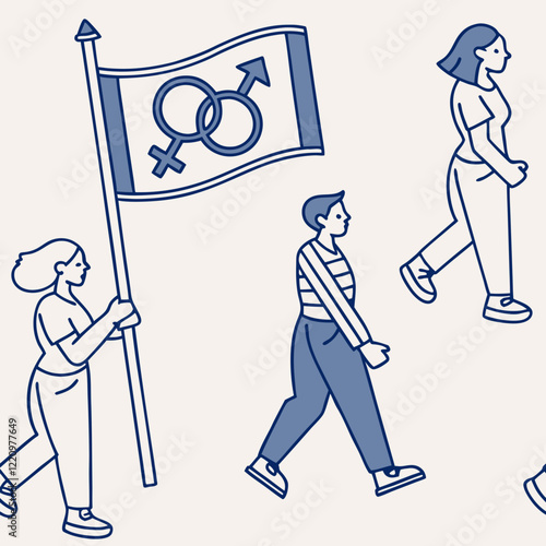 People marching with gender equality flag illustration