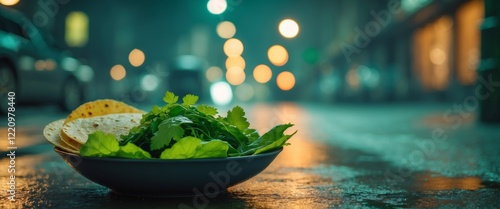 A Vibrant Bowl of Fresh Greens and Tortillas Resting on a Dimly Lit Urban Sidewalk at Night with Soft Glowing Streetlights in the Background photo